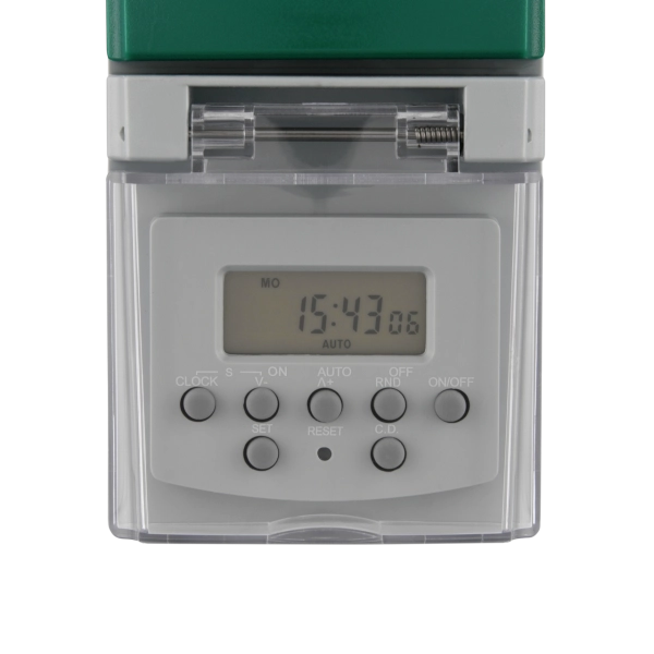 REV Digitale Zeitschaltuhr – Zeitschaltuhr für die Steckdose (IP44), mit  Zufallsfunktion, 20 Zeiten/Tag, 1800W – schwarz